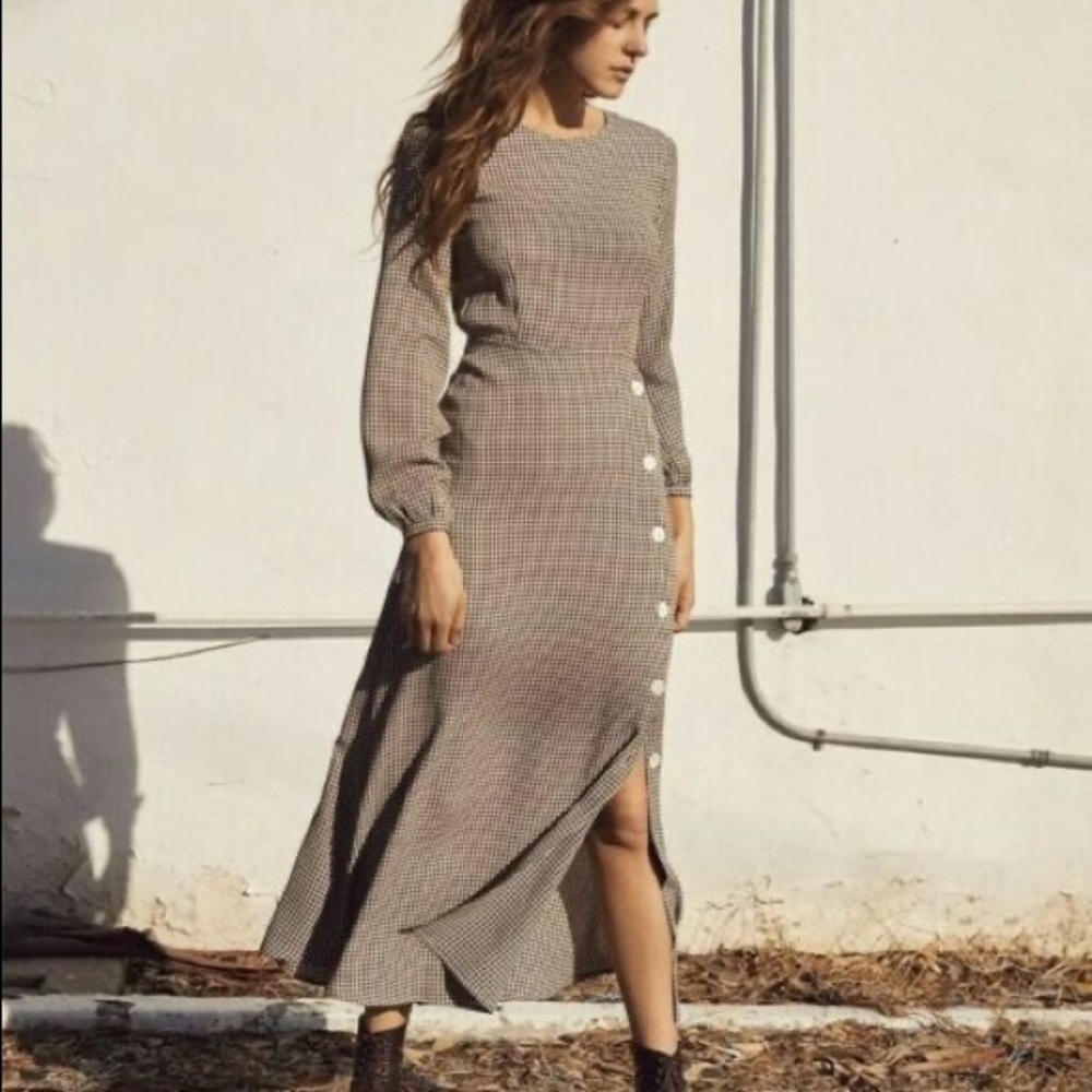 Christy Dawn Sian Dress Noir Gingham Brown Long Sleeve Dress size L NWT
